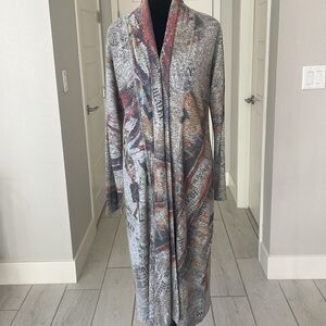 Inoah Whimsical Storybook Newsprint Long Cardigan Artsy Graphic Duster Size S